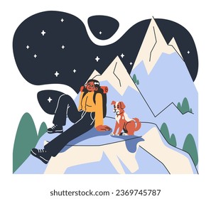 Mountaineering. Mountain climbers with backpacks during nature adventure. Woman sitting on the peak with a dog. Hiking in the hills. Flat vector illustration