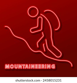 mountaineering neon sign, modern glowing banner design, colorful modern design trend on black background. Vector illustration.
