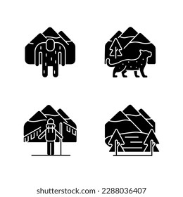Mountaineering in Nepal black glyph icons set on white space. Trekking peaks. Himalayan folklore. Snow leopard. Shey Phoksundo national park. Silhouette symbols. Vector isolated illustration