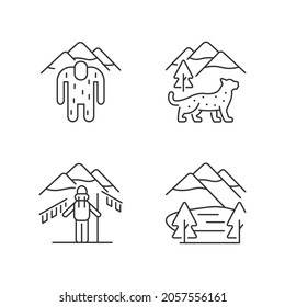 Mountaineering in Nepal linear icons set. Trekking peaks. Himalayan folklore. Snow leopard. Customizable thin line contour symbols. Isolated vector outline illustrations. Editable stroke