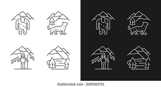 Mountaineering in Nepal linear icons set for dark and light mode. Trekking peaks. Himalayan folklore. Customizable thin line symbols. Isolated vector outline illustrations. Editable stroke