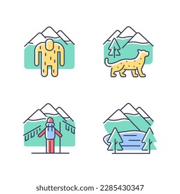 Mountaineering in Nepal RGB color icons set. Trekking peaks. Himalayan folklore. Snow leopard. Shey Phoksundo national park. Isolated vector illustrations. Simple filled line drawings collection