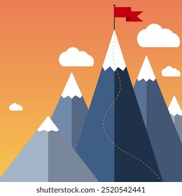 Mountaineering Route. Goal Achievement or Success Concept. Mountains with snow and red flag on the top, sky and clouds on background. Vector illustration in flat style