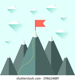 Mountaineering Route. Goal Achievement or Success Concept. Mountains with snow and red flag on the top, sky and clouds on background. Vector colorful illustration in flat style