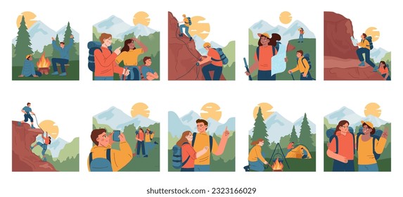 Mountaineering set. Mountain climbers with backpacks during nature adventure. People climbing rock wall, sitting near campfire and hiking in the woods. Flat vector illustration