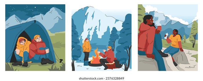 Juego de montañismo. Montañeros con mochilas durante una aventura natural. Gente trepando un muro de roca, sentada cerca de una fogata y haciendo senderismo en las colinas. Ilustración vectorial plana