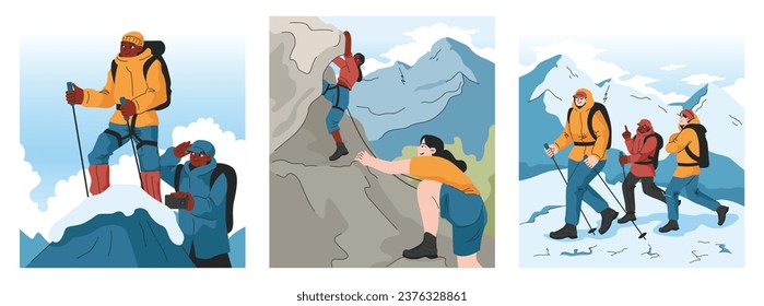 Juego de montañismo. Montañeros con mochilas durante una aventura natural. Gente trepando un muro de roca, sentada cerca de una fogata y haciendo senderismo en las colinas. Ilustración vectorial plana