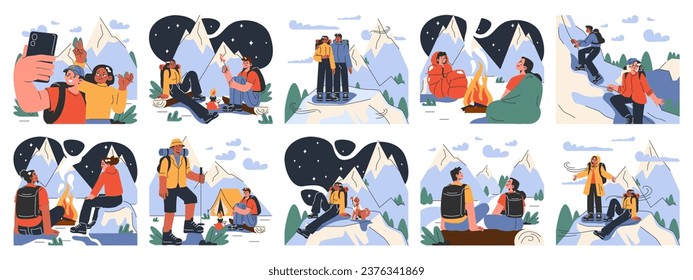 Mountaineering set. Mountain climbers with backpacks during nature adventure. People climbing rock wall, sitting near campfire and hiking in the hills. Flat vector illustration