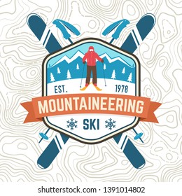 Mountaineering ski patch. Vector ski club retro badge. Concept for alpine club shirt, print, stamp. Vintage typography design with mountain silhouette and skier. Family vacation, activity or travel.