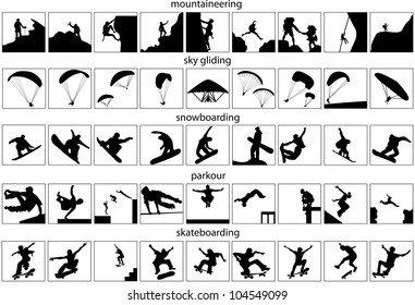 Mountaineering, Sky, Gliding, Snowboarding, Parkour, Skateboarding. Vector Silhouettes Isolated On White