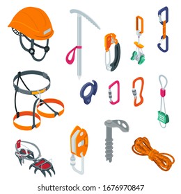 Mountaineering sport climbing equipment on alpinism extreme isometric vector illustration isolated on white. Helmet, carabiner, rope and ax. Collection sport outdoor adventure tools, hook, stopper.