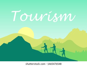 Mountaineering sport lifestyle concept. Tourist traveler. Panoramic view of the mountain landscape with fog in the valley below with the alpenglow sky and rising sun. Extreme hike.