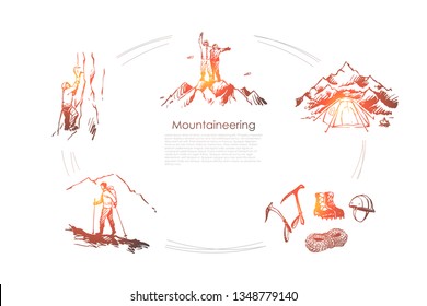 Mountaineering - sportsmen climbing mountains, camping and special equipment vector concept set. Hand drawn sketch isolated illustration