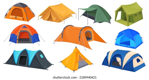 Mountaineering tents. Military and tourist tent for camping or army expedition, temporary shelter on nature landscape fields, campsite canopy dome, vector illustration of camp tent for mountaineering