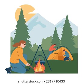 Mountaineering. Travelers sitting near campfire during nature adventure. Tourist, hiker or backpacker explore mountains and forest. Active recreation and camping. Flat vector illustration