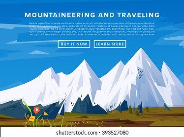 Mountaineering and Traveling Vector Illustration. Landscape with Mountain Peaks. Extreme Sports, Vacation and Outdoor Recreation Concept