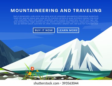 Mountaineering and Traveling Vector Illustration. Landscape with Mountain Peaks. Extreme Sports, Vacation and Outdoor Recreation Concept
