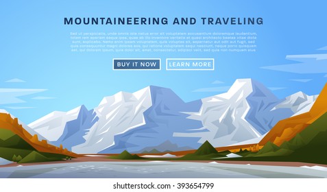 Mountaineering and Traveling Vector Illustration. Landscape with Mountain Peaks. Extreme Sports, Vacation and Outdoor Recreation Concept