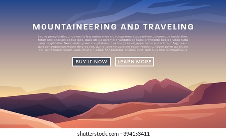 Mountaineering And Traveling Vector Illustration. Landscape With Mountain Peaks. Extreme Sports, Vacation And Outdoor Recreation Concept.