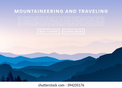 Mountaineering and Traveling Vector Illustration. Landscape with Mountain Peaks. Extreme Sports, Vacation and Outdoor Recreation Concept. Pine Forest.