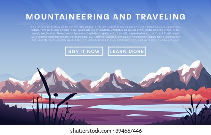 Mountaineering and Traveling Vector Illustration. Landscape with Mountain Peaks. Extreme Sports, Vacation and Outdoor Recreation Concept