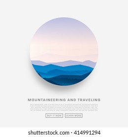 Mountaineering and Traveling Vector Illustration. Landscape with Mountain Peaks. Extreme Sports, Vacation and Outdoor Recreation Concept. Pine Forest.