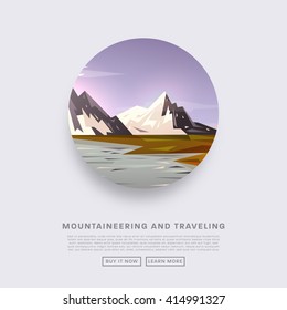 Mountaineering and Traveling Vector Illustration. Landscape with Mountain Peaks. Extreme Sports, Vacation and Outdoor Recreation Concept. Pine Forest.