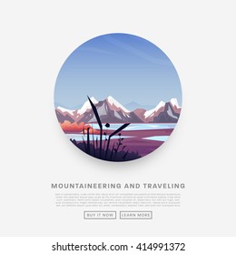 Mountaineering and Traveling Vector Illustration. Landscape with Mountain Peaks. Extreme Sports, Vacation and Outdoor Recreation Concept. Pine Forest.