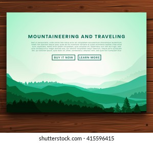 Mountaineering and Traveling Vector Illustration. Landscape with Mountain Peaks. Extreme Sports, Vacation and Outdoor Recreation Concept. Pine Forest. Summer and Spring Flowers. Wood Texture