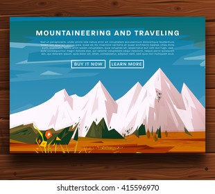 Mountaineering and Traveling Vector Illustration. Landscape with Mountain Peaks. Extreme Sports, Vacation and Outdoor Recreation Concept. Pine Forest. Summer and Spring Flowers. Wood Texture