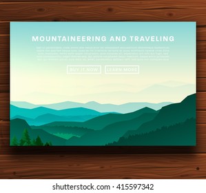 Mountaineering and Traveling Vector Illustration. Landscape with Mountain Peaks. Extreme Sports, Vacation and Outdoor Recreation Concept. Pine Forest. Summer and Spring Flowers. Wood Texture