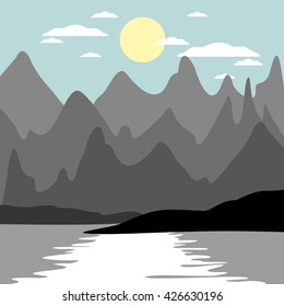 Mountaineering and Traveling Vector Illustration. Landscape with Mountain Peaks. Extreme Sports, Vacation and Outdoor Recreation Concept