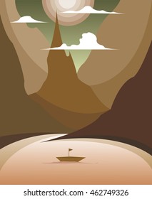 Mountaineering and Traveling Vector Illustration. Landscape with Mountain Peaks. Extreme Sports, Vacation and Outdoor Recreation Concept