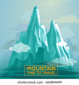 Mountaineering and Traveling Vector Illustration. Landscape with Mountain Peaks. Extreme Sports, Vacation and Outdoor Recreation Concept.