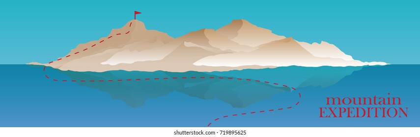 Mountaineering and Traveling Vector Illustration. Landscape with Mountain Peaks and water ocean or sea, lake. Extreme Sports, Vacation camping and Outdoor Recreation Concept. Mountains expedition