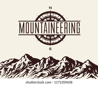 Mountaineering and travelling background with huge mountain range silhouette and windrose. Vector illustration.