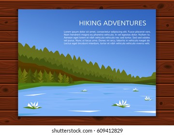 Mountaineering and travelling, hiking adventure concept. Climbing, trekking, outdoor vacation or extreme sports banner. Lake and pine forest. EPS10 vector illustration.