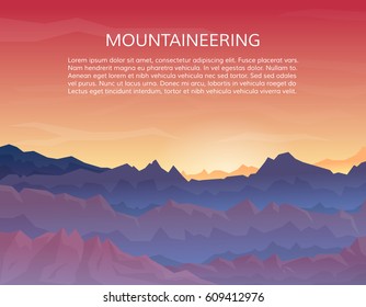 Mountaineering and travelling, hiking adventure concept. Climbing, trekking, outdoor vacation or extreme sports banner. Sunset and mountains. EPS10 vector illustration.