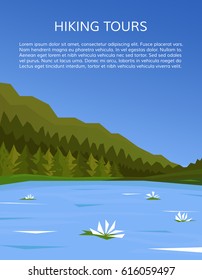 Mountaineering and travelling, hiking adventure concept. Climbing, trekking, outdoor vacation or extreme sports banner. Lake and pine forest. EPS10 vector illustration.
