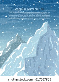 Mountaineering, trekking, climbing - winter adventure card. Travelling, hiking, outdoor vacation or extreme winter sports banner. Mountains and falling snow landscape. EPS10 vector illustration.