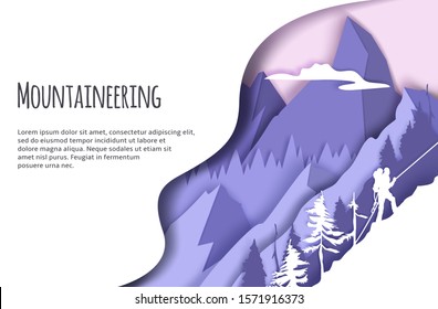 Mountaineering web banner template, vector illustration in modern paper art style. Man with backpack climbing ice rock. Extreme winter sports. Trekking and climbing mountains, tourism, adventure.