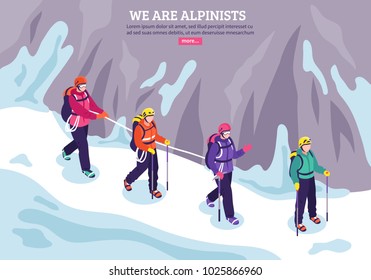 Mountaineering winter background with expedition of alpinists going in conjunction on snow isometric vector illustration 