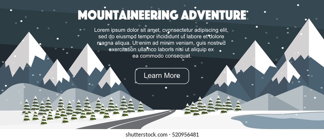 Mountaineering winter banner, web design. Evening at Alps, road, lake, hills, fir trees. Vector flat mountains panoramic illustration. Wide winter adventure flat illustration.