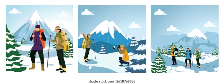 Mountaineering in winter. A pair of climbers take pictures against the backdrop of snowy mountains. Passing the snowy path with winter equipment and clothes. Set flat vector illustration.