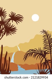 Mountainous African landscape with a view of a waterfall, palm trees, sunrise