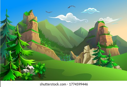 Mountainous area with green valleys and forests. Red rocky canyon.