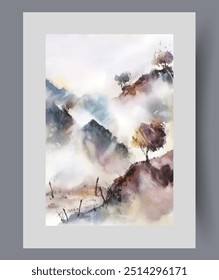 Área montanhosa com árvores esparsas e nevoeiro causado por resfriamento acentuado na região e mudanças climáticas. Arte em aquarela com paisagem montanhosa sobre rochas em parque selvagem para os amantes de caminhadas extremas
