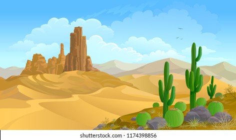 Mountainous background and a desert landscape. Cactus plants and rocks on the sands. A calm desert 