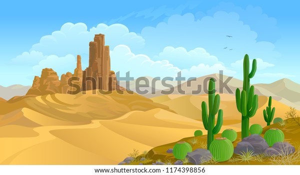山がちの背景に砂漠の風景 サボテンは砂の上の岩と植物 静かな砂漠 のベクター画像素材 ロイヤリティフリー
