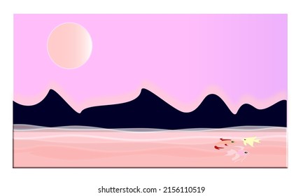 Mountainous landscape background with a small lake and sea animals. Colorful decorative background concept with copy space. vector illustration